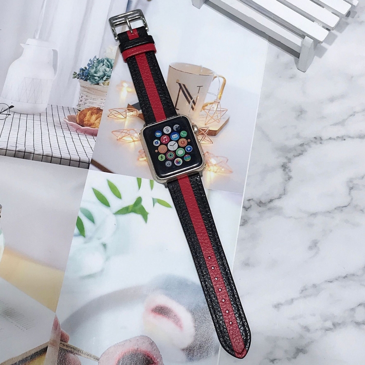Two-color Stitching Lychee Texture Leather Watch Band For Apple Watch Ultra 49mm&Watch Ultra 2 49mm / Series 9&8&7 45mm / SE 3&SE 2&6&SE&5&4 44mm / 3&2&1 42mm(Black Red)