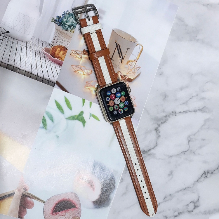 Two-color Stitching Lychee Texture Leather Watch Band For Apple Watch Ultra 49mm&Watch Ultra 2 49mm / Series 9&8&7 45mm / SE 3&SE 2&6&SE&5&4 44mm / 3&2&1 42mm(Brown White)