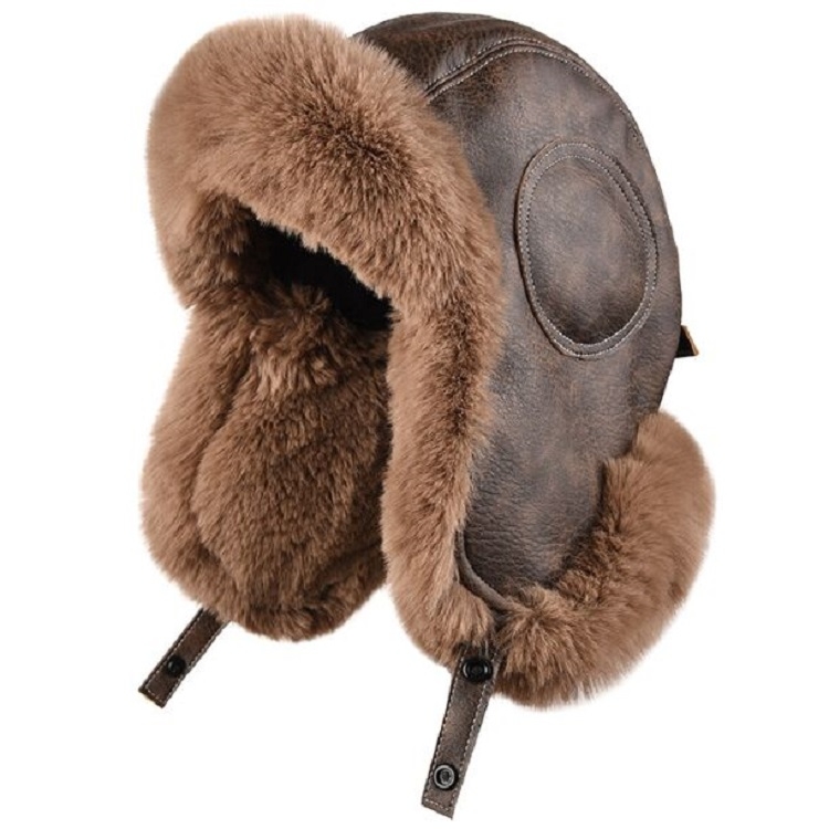Unisex Universal Autumn and Winter Thickened Plus Velvet Warm PU Leather Dome Ear Protected Cap Flight Hats, Size:One Size(Coffee Color)