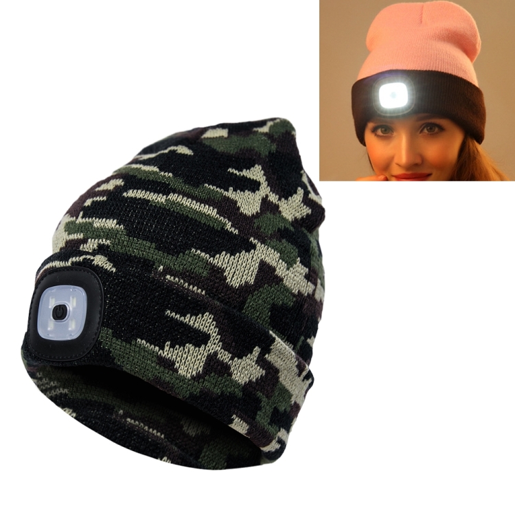 Unisex Warm Winter Polyacrylonitrile Knit Hat Adult Head Cap with 4 LED Lights, Button Battery (Army Green)