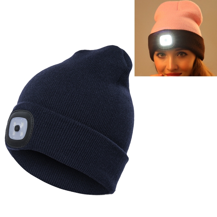 Unisex Warm Winter Polyacrylonitrile Knit Hat Adult Head Cap with 4 LED Lights, Button Battery (Dark Blue)