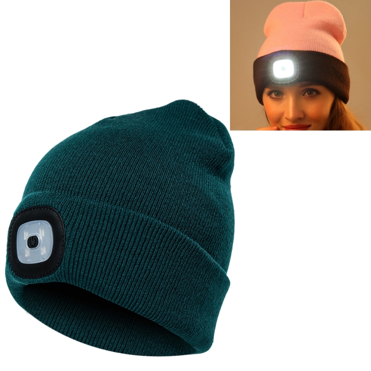 Unisex Warm Winter Polyacrylonitrile Knit Hat Adult Head Cap with 4 LED Lights, Button Battery (Navy Blue)