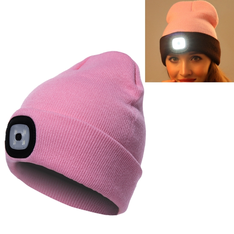 Unisex Warm Winter Polyacrylonitrile Knit Hat Adult Head Cap with 4 LED Lights, Button Battery (Pink)