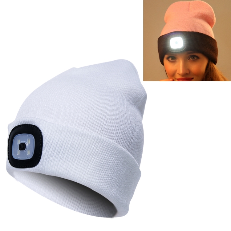 Unisex Warm Winter Polyacrylonitrile Knit Hat Adult Head Cap with 4 LED Lights, Button Battery (White)