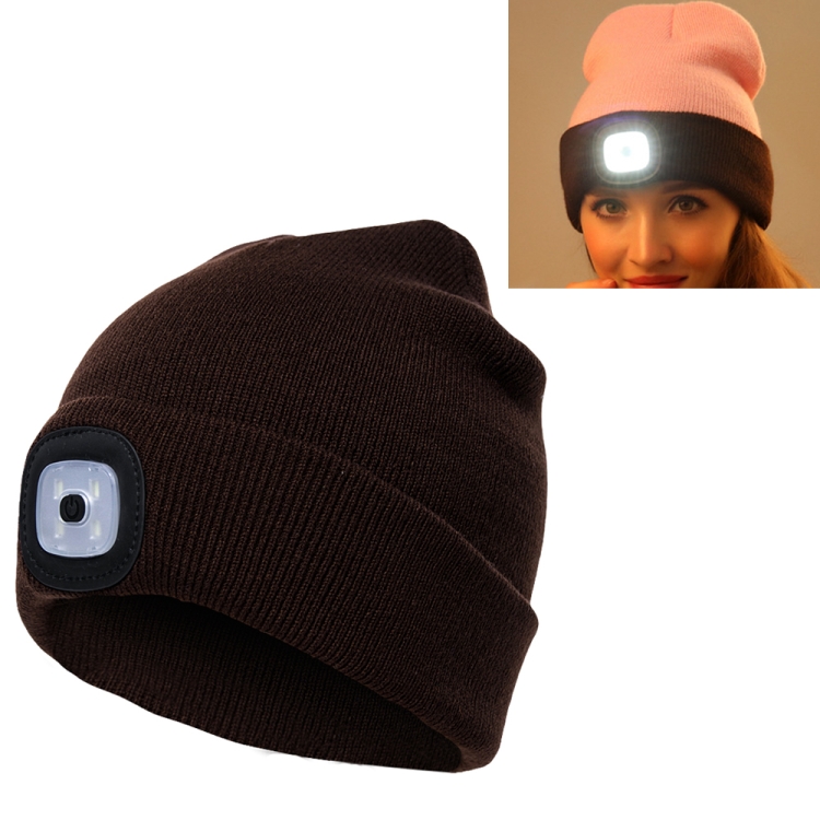 Unisex Warm Winter Polyacrylonitrile Knit Hat Adult Head Cap with 4 LED Lights(Coffee)