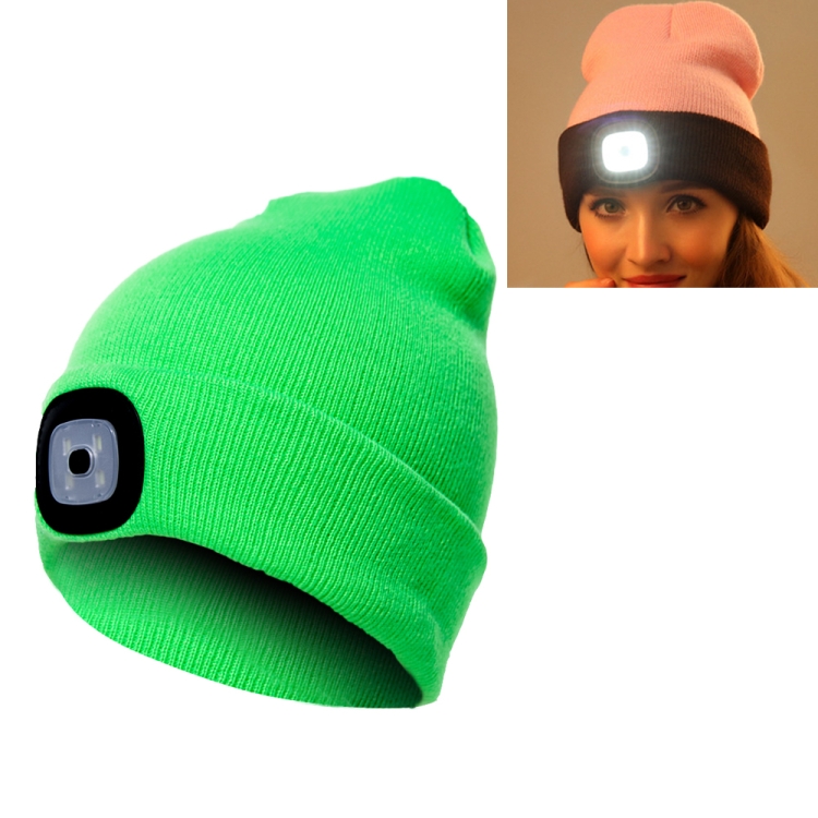 Unisex Warm Winter Polyacrylonitrile Knit Hat Adult Head Cap with 4 LED Lights(Fluorescent Green Light)