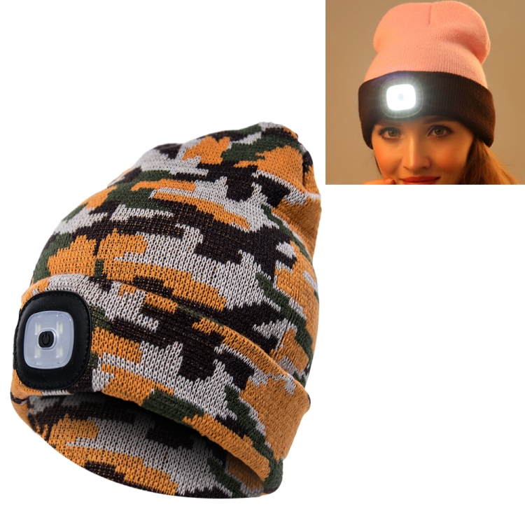 Unisex Warm Winter Polyacrylonitrile Knit Hat Adult Head Cap with 4 LED Lights(Gold)