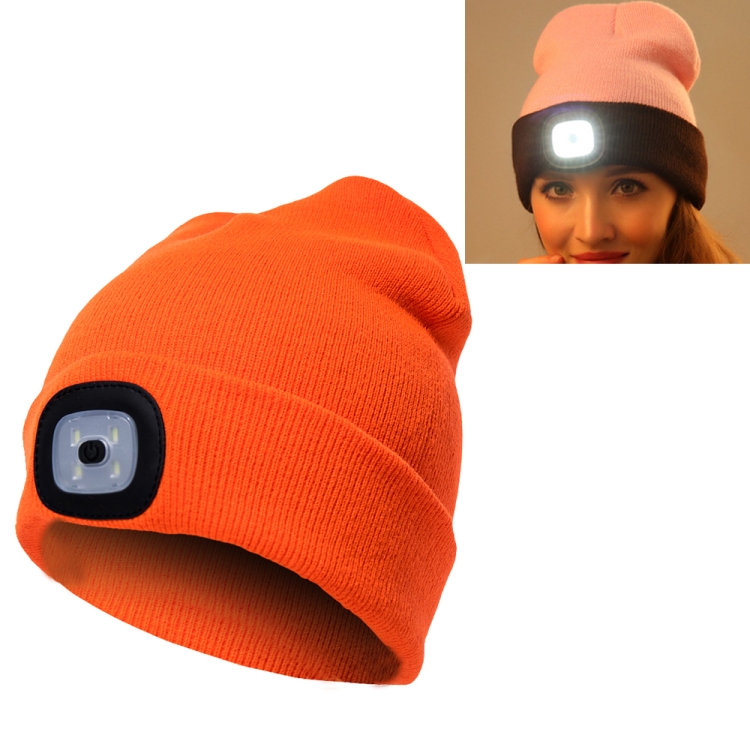 Unisex Warm Winter Polyacrylonitrile Knit Hat Adult Head Cap with 4 LED Lights(Orange)