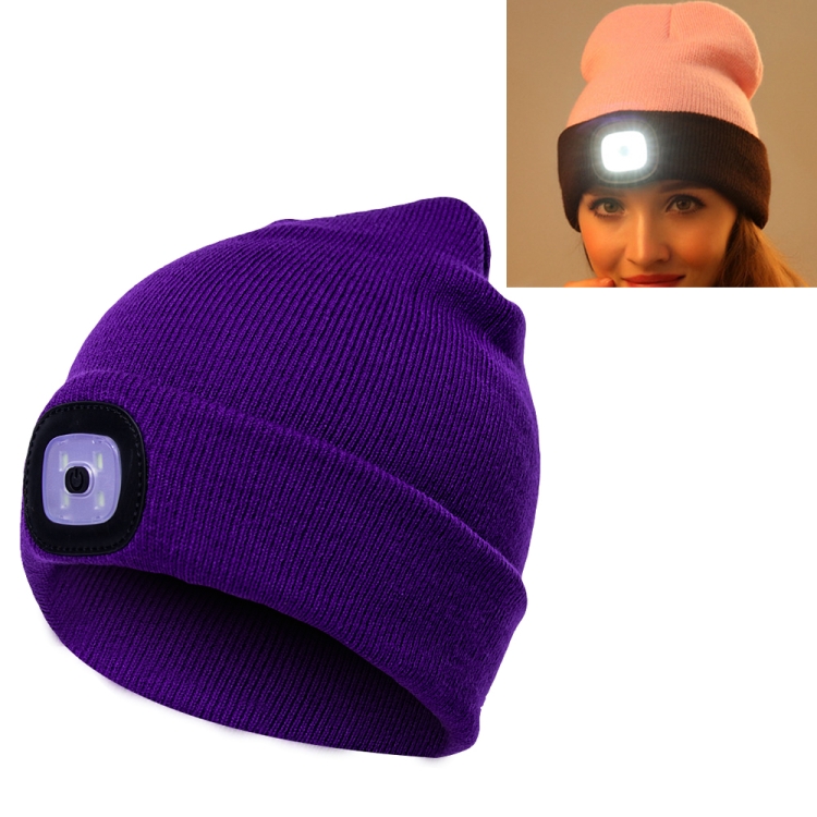 Unisex Warm Winter Polyacrylonitrile Knit Hat Adult Head Cap with 4 LED Lights(Purple)