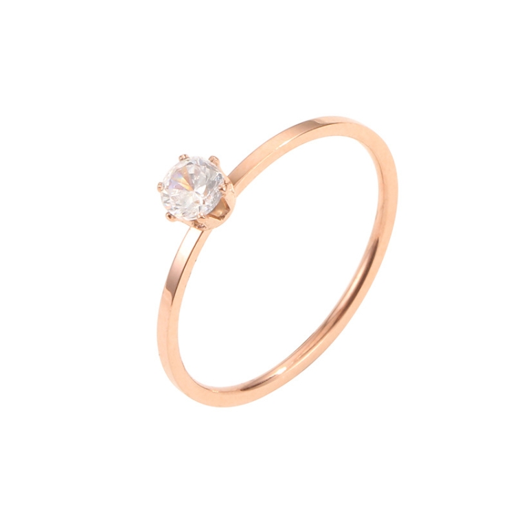 Very Fine Six-Claw Single Diamond Ring Diamond-Set Titanium Steel Women Ring, Size: US Size 8(Rose Gold)