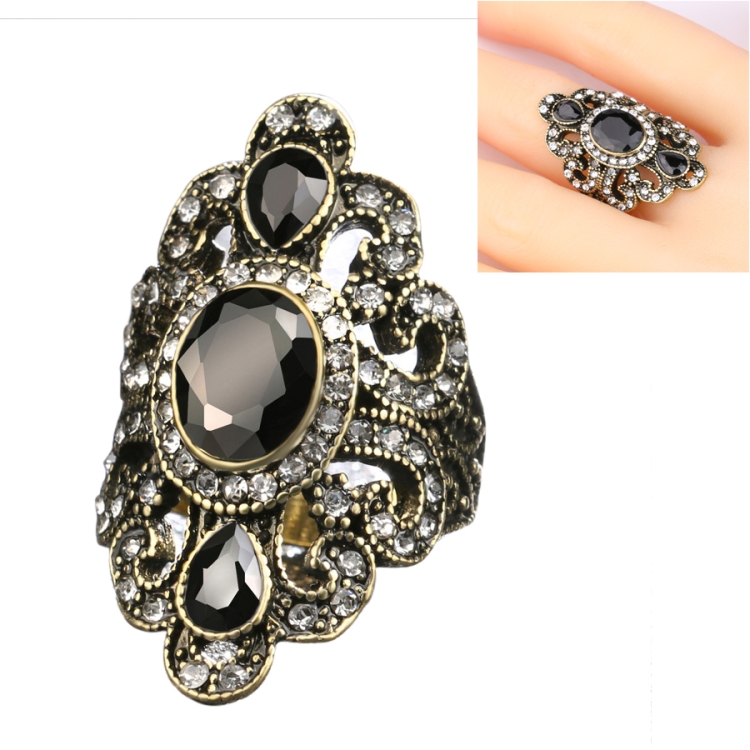 Vintage Ethnic Style Exquisite Carved Inlaid Acrylic Resin Hollow Ring, Ring Size:10(Black)