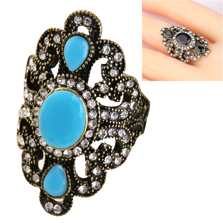 Vintage Ethnic Style Exquisite Carved Inlaid Acrylic Resin Hollow Ring, Ring Size:7(Blue)