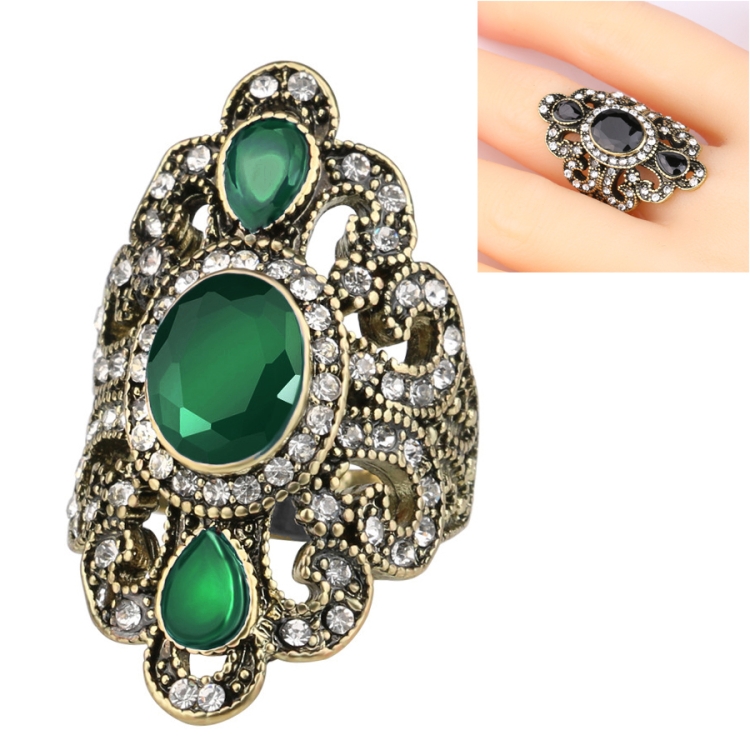 Vintage Ethnic Style Exquisite Carved Inlaid Acrylic Resin Hollow Ring, Ring Size:7(Green)