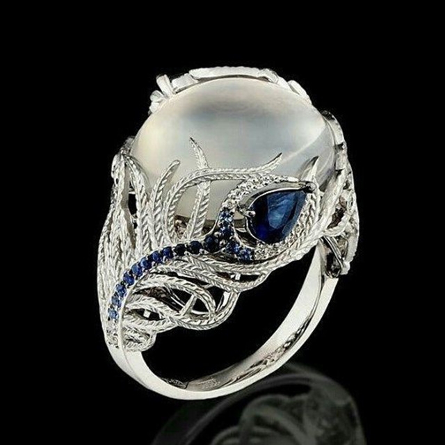 Vintage Silver Hollow Natural Opal Rings Feather Pattern Rings for Women Jewelry, Ring Size:7
