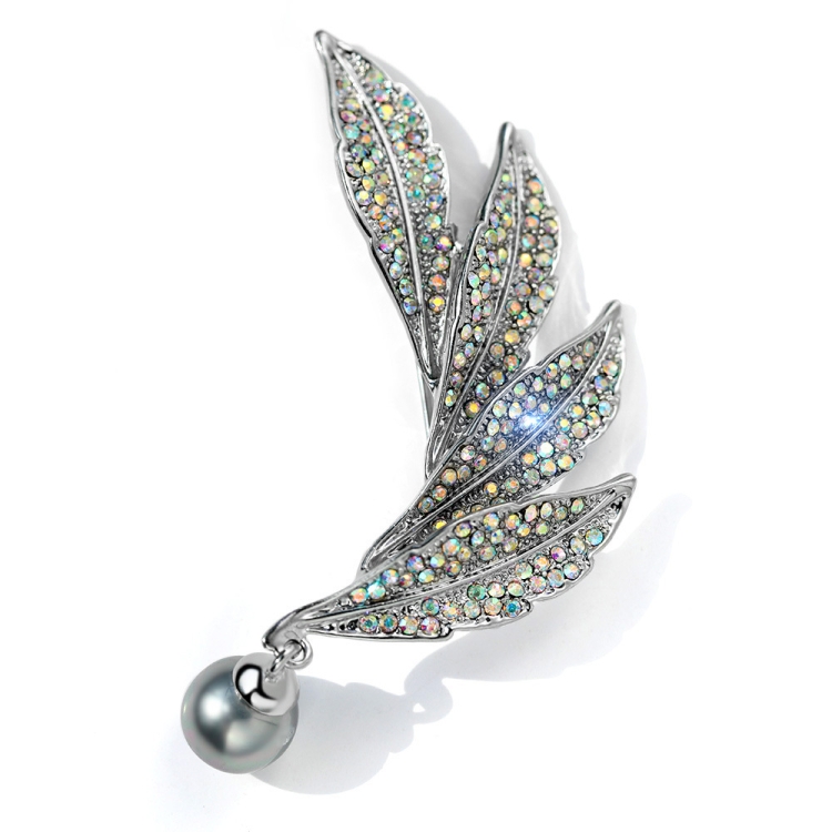 Vintage Style Colorful Crystal Pearl Feather Brooch Silver Pins Brooches(Silver)