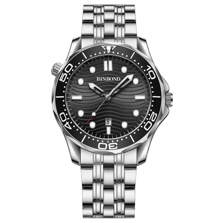White Steel Black Surface BINBOND B2820 Luminous 30m Waterproof Men Sports Quartz Watch