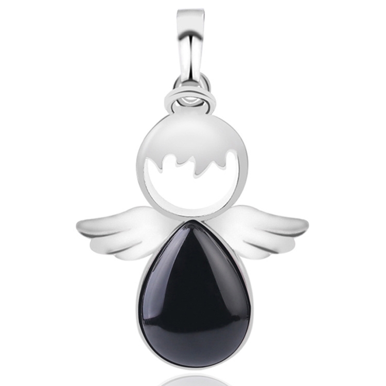 Women Angel Wings Pendants Natural Crystal Stone Necklaces(Black Onyx)