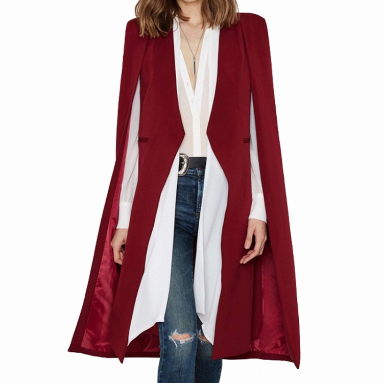 Women Casual Cape Unbuttoned Shawl Coat(Color:Red Size:S)