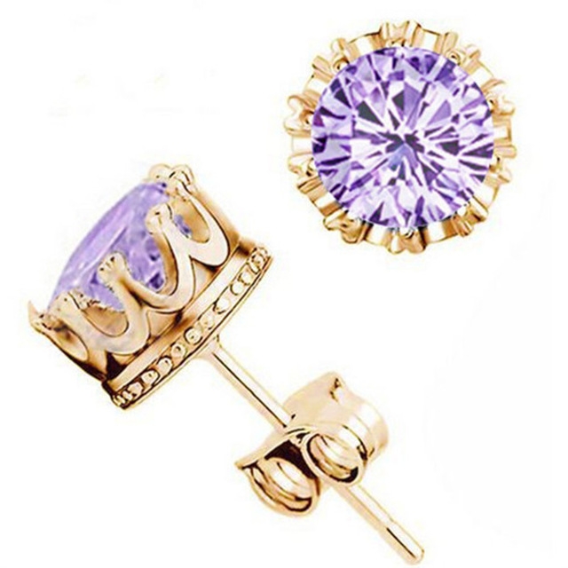Women Crown Earrings Crystal Jewelry Double Stud Earrings (Gold Purple)