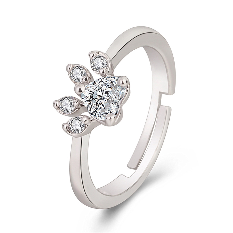 Women Crystal Cute Cat Claw Opening Adjustable Ring Jewelry(White diamond white gold)
