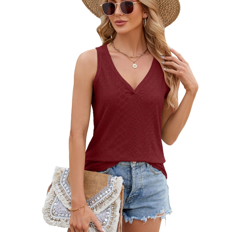 Women Eyelet Tank Tops Solid Color V-Neck Loose Fit Bottoming Vest T-Shirt, Size: M(Wine Red)