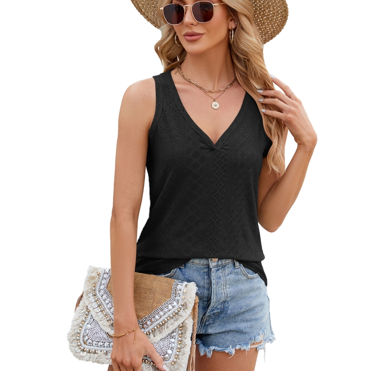 Women Eyelet Tank Tops Solid Color V-Neck Loose Fit Bottoming Vest T-Shirt, Size: S(Black)
