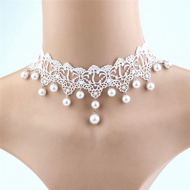 Women Fashion Elegant Vintage Imitation Pearl White Lace Choker Necklaces Bridal Jewelry(White)