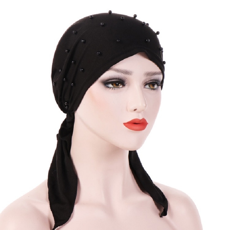 Women Pure Color Beaded Stretch Turban Hat Wrap Hat, Size: M(56-58cm)(Black)