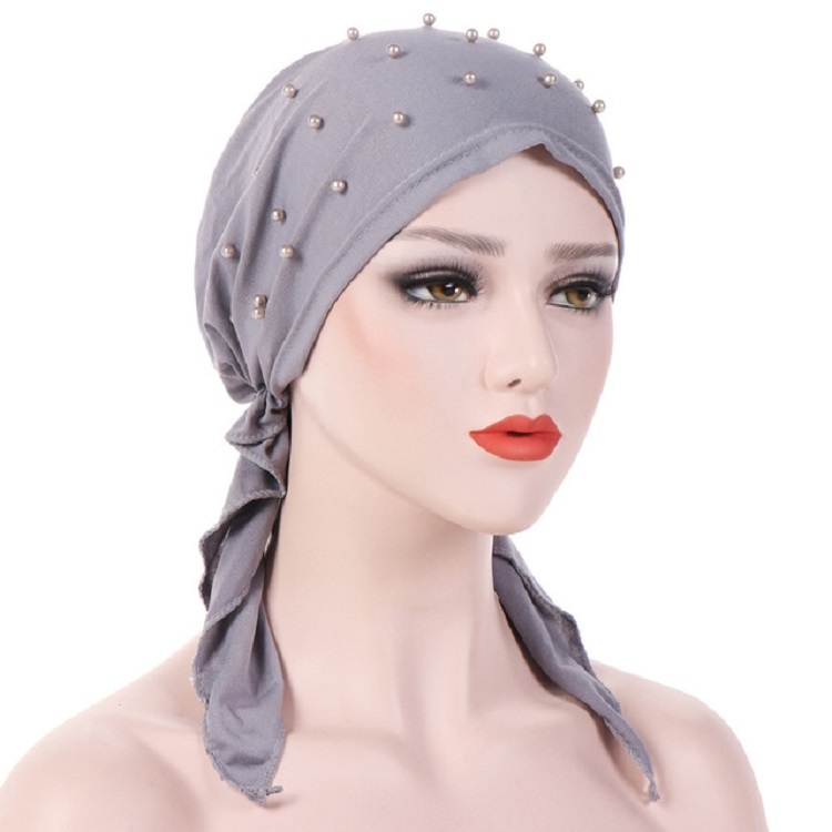Women Pure Color Beaded Stretch Turban Hat Wrap Hat, Size: M(56-58cm)(Gray)