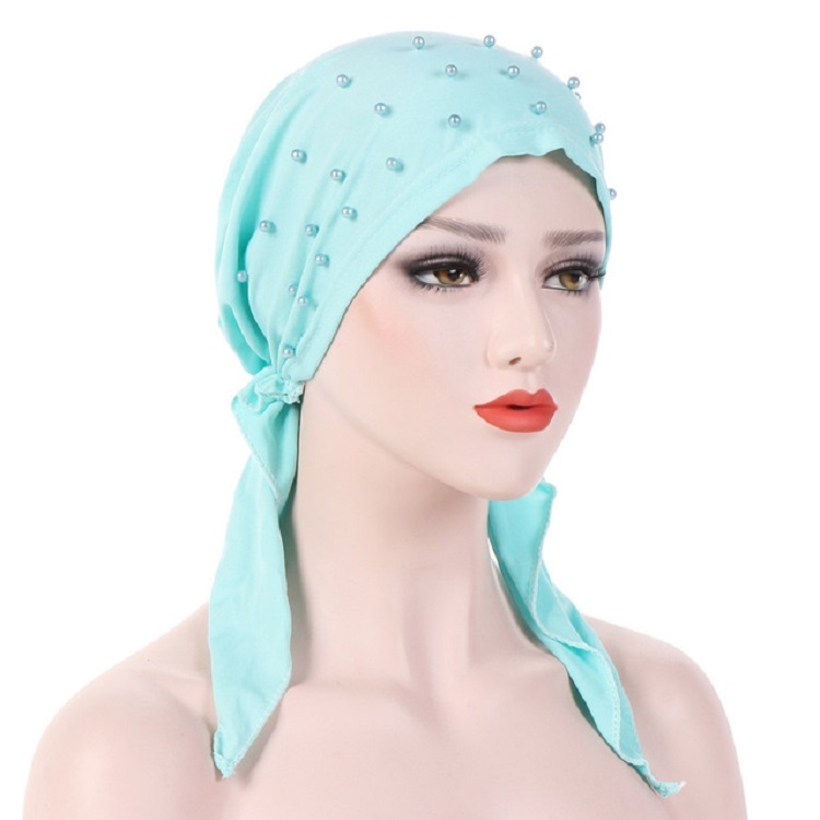 Women Pure Color Beaded Stretch Turban Hat Wrap Hat, Size: M(56-58cm)(Mint Green)