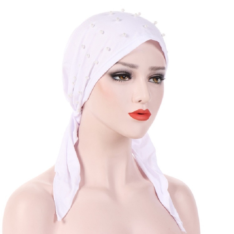 Women Pure Color Beaded Stretch Turban Hat Wrap Hat, Size: M(56-58cm)(White)
