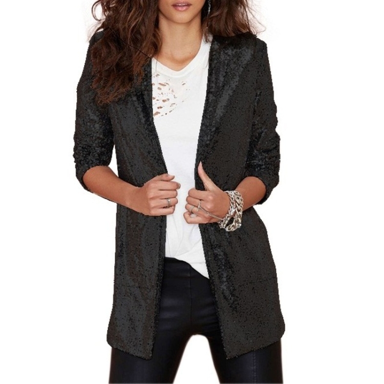 Women Sequined Suit Jacket Without Buckle Stage Clothing(Color:Black Size:M)