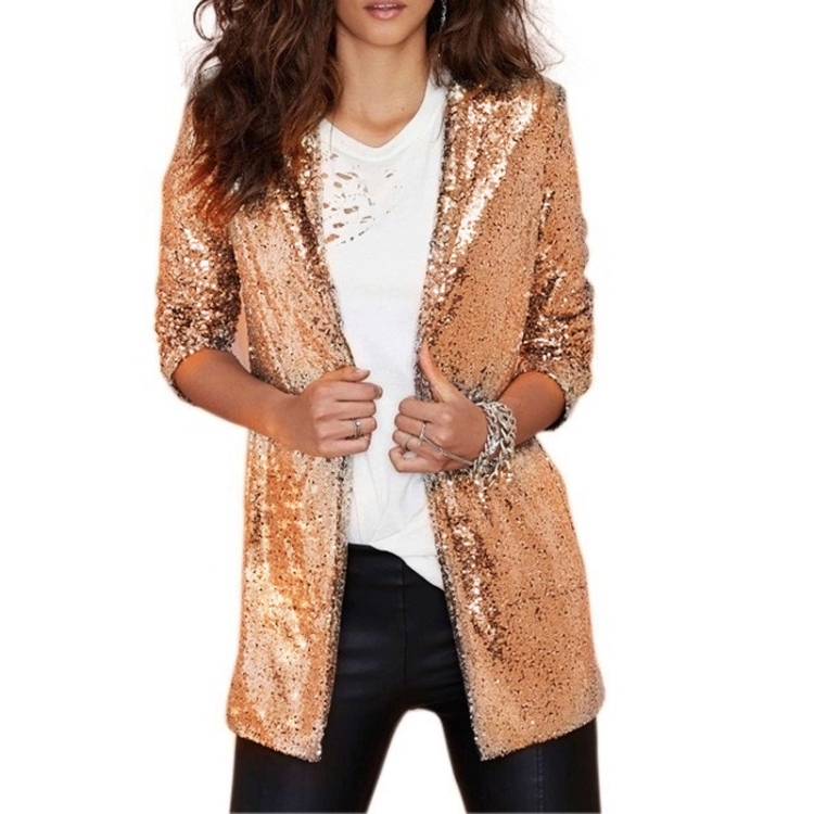 Women Sequined Suit Jacket Without Buckle Stage Clothing(Color:Gold Size:M)