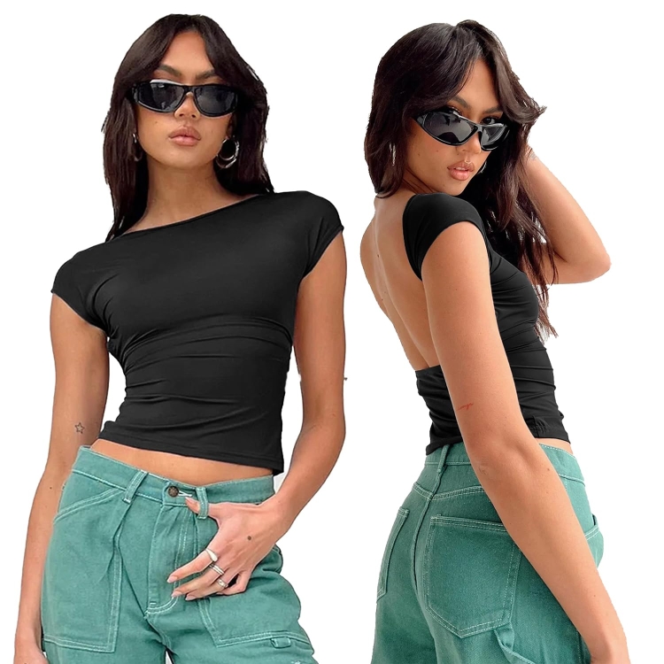 Women Sexy Backless Top Comfortable Breathable Slim Fit T-Shirt, Size: S(ESSO028 Black)