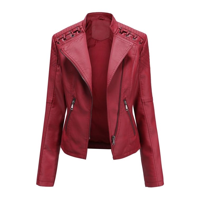 Women Short Leather Jacket Slim Jacket Motorcycle Suit, Size: L(Red)