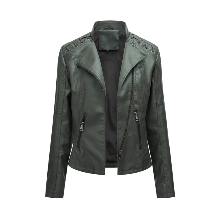 Women Short Leather Jacket Slim Jacket Motorcycle Suit, Size: M(Green)