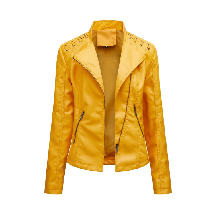 Women Short Leather Jacket Slim Jacket Motorcycle Suit, Size: M(Lemon Yellow)