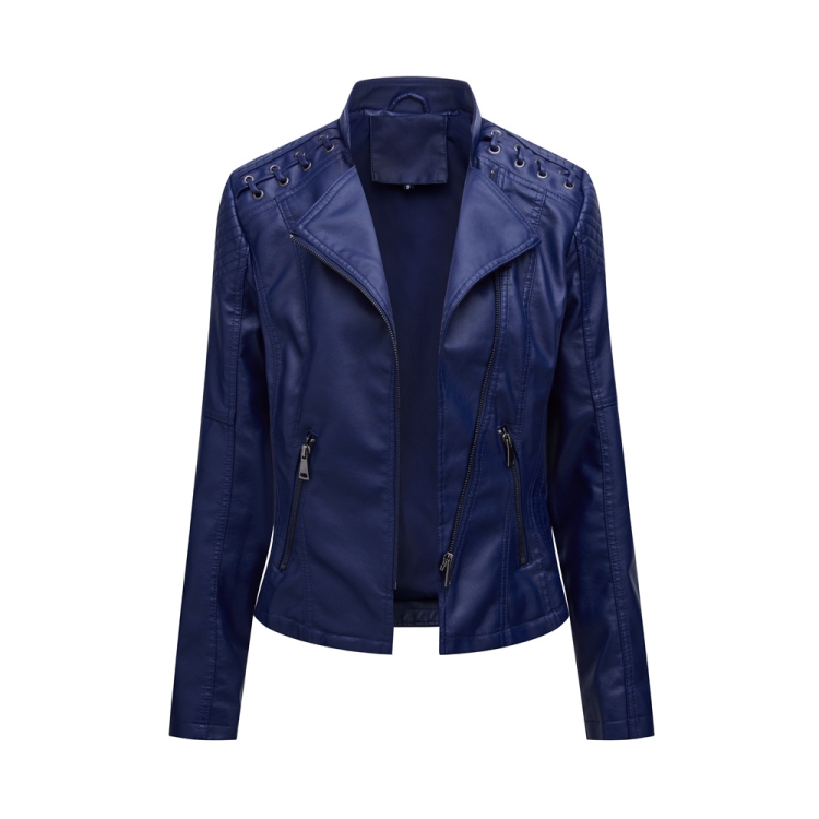 Women Short Leather Jacket Slim Jacket Motorcycle Suit, Size: M(Navy)