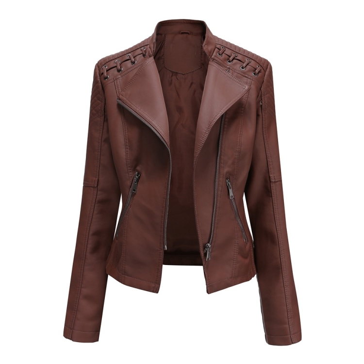 Women Short Leather Jacket Slim Jacket Motorcycle Suit, Size: XL(Coffee)