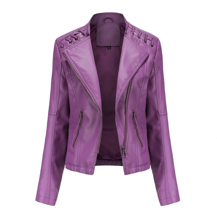 Women Short Leather Jacket Slim Jacket Motorcycle Suit, Size: XL(Violet)