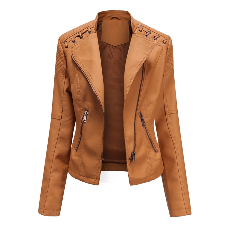 Women Short Leather Jacket Slim Jacket Motorcycle Suit, Size: XXL(Camel)