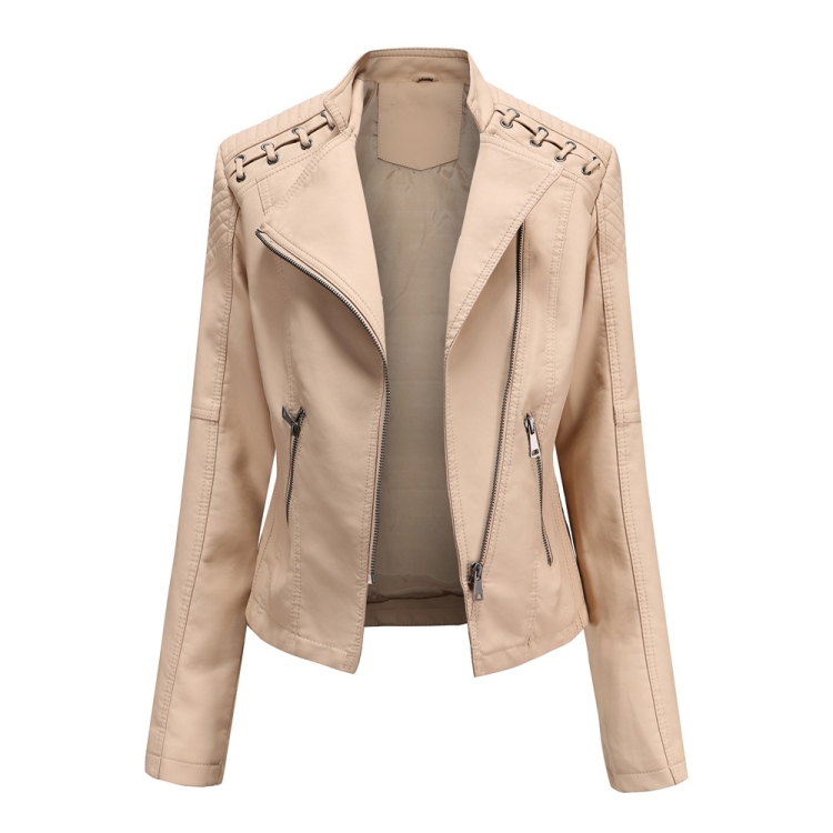 Women Short Leather Jacket Slim Jacket Motorcycle Suit, Size: XXL(Khaki)