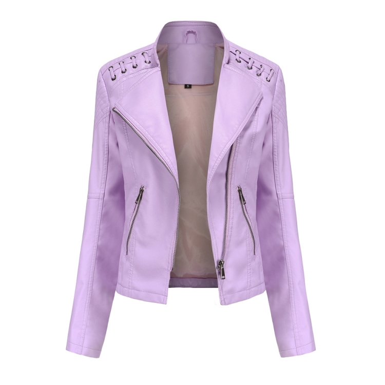 Women Short Leather Jacket Slim Jacket Motorcycle Suit, Size: XXXL(Light Cherry Pink)