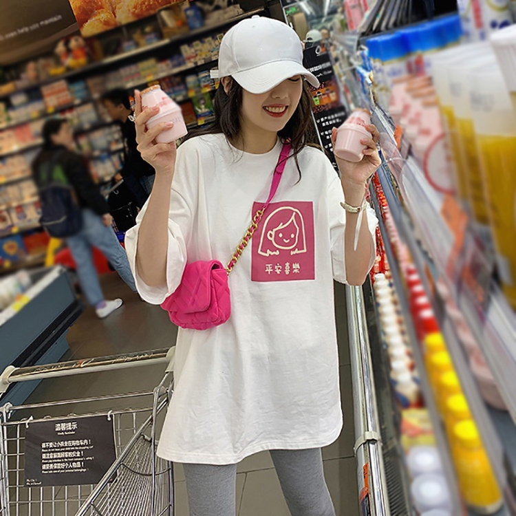 Women Short Sleeve Mid-Length Student Round Neck Loose Girl T-Shirt, Size: XL(White)