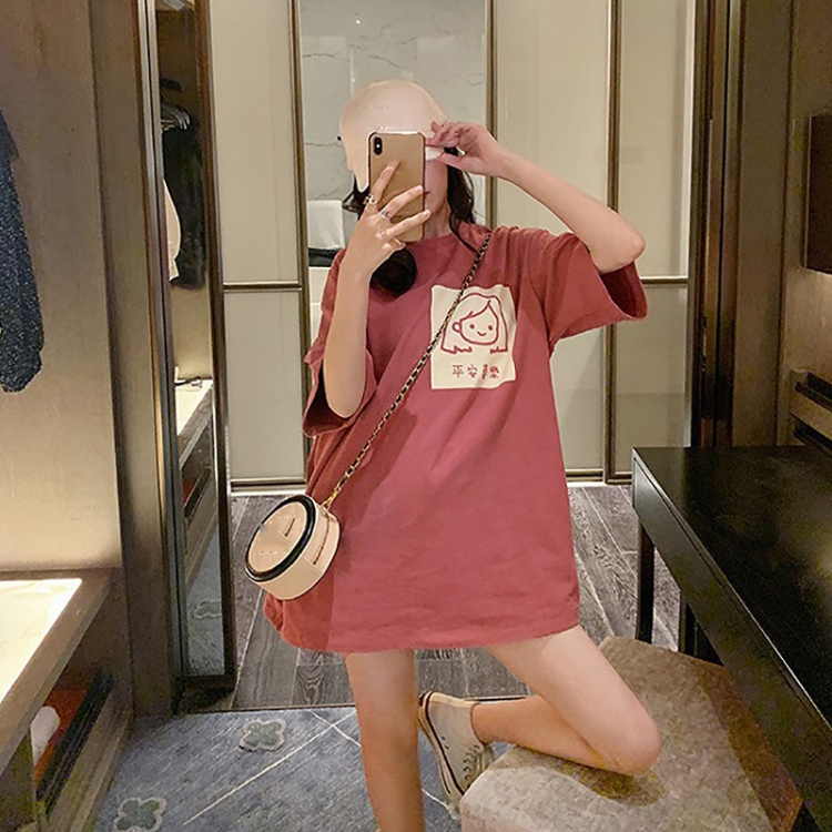 Women Short Sleeve Mid-Length Student Round Neck Loose Girl T-Shirt, Size: XXL(Pink)