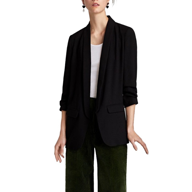 Women Solid Color Buckleless Slim Casual Suit (Color:Black Size:S)