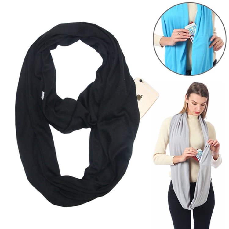 Women Solid Winter Infinity Scarf Pocket Loop Zipper Pocket Scarves (Black)