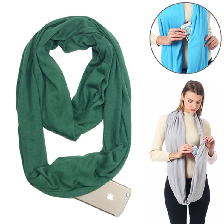 Women Solid Winter Infinity Scarf Pocket Loop Zipper Pocket Scarves (Green)