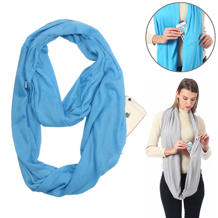 Women Solid Winter Infinity Scarf Pocket Loop Zipper Pocket Scarves (Sky Blue)