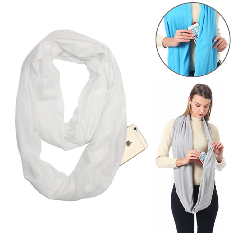 Women Solid Winter Infinity Scarf Pocket Loop Zipper Pocket Scarves (White)
